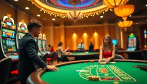Erleben Sie Spannung in einem Online Casino ohne Anmeldung mit Spielern an bunten Spielautomaten.