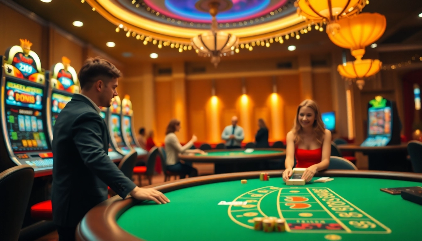 Erleben Sie Spannung in einem Online Casino ohne Anmeldung mit Spielern an bunten Spielautomaten.