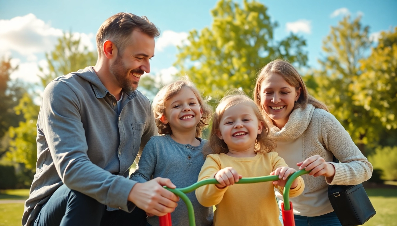 Kindererziehung im Park: Eltern genießen spielerische Momente mit ihren fröhlichen Kindern.