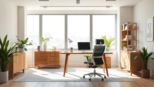 Entdecken Sie stilvolle Büromöbel in einem modernen Büro-Arrangement mit ergonomischem Schreibtisch und Stuhl.