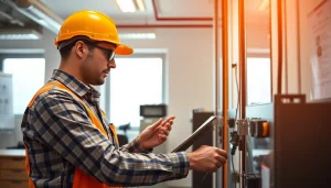 Electrically inspecting devices during DGUV V3 Prüfung, emphasizing safety and professionalism in the workplace.