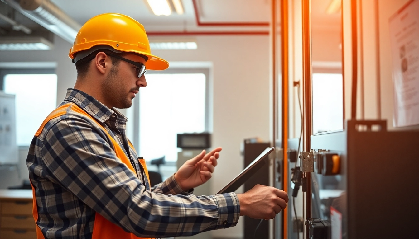 Electrically inspecting devices during DGUV V3 Prüfung, emphasizing safety and professionalism in the workplace.
