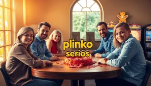Erleben Sie Plinko seriös mit einer Gruppe begeisterter Spieler an einem Tisch, umgeben von Casino-Gefühlen.