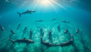 Tauchen Bullenhaie: Taucher umgeben von majestätischen Bullenhaien in klarem Wasser, erleben ein unvergessliches Abenteuer.