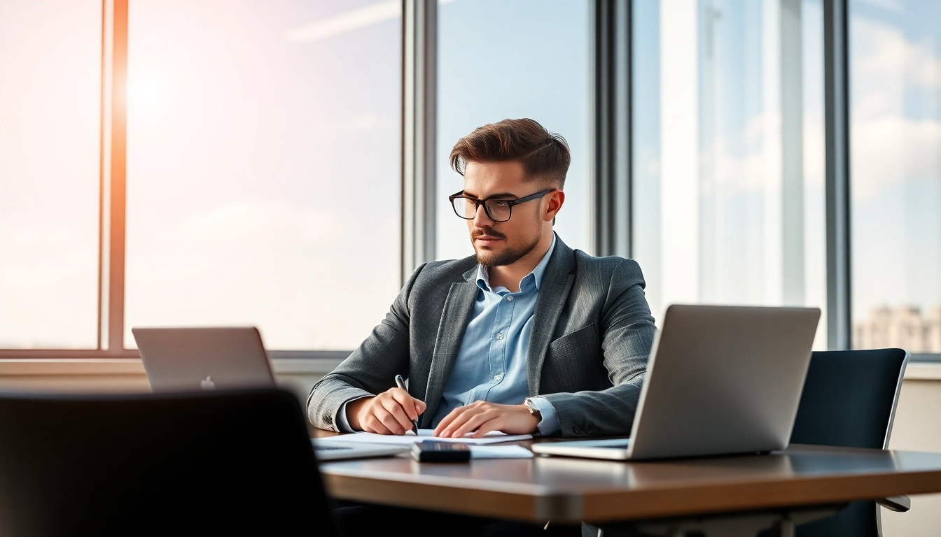 Headhunter bei der Arbeit mit Laptop und Notizen in modernem Büro.