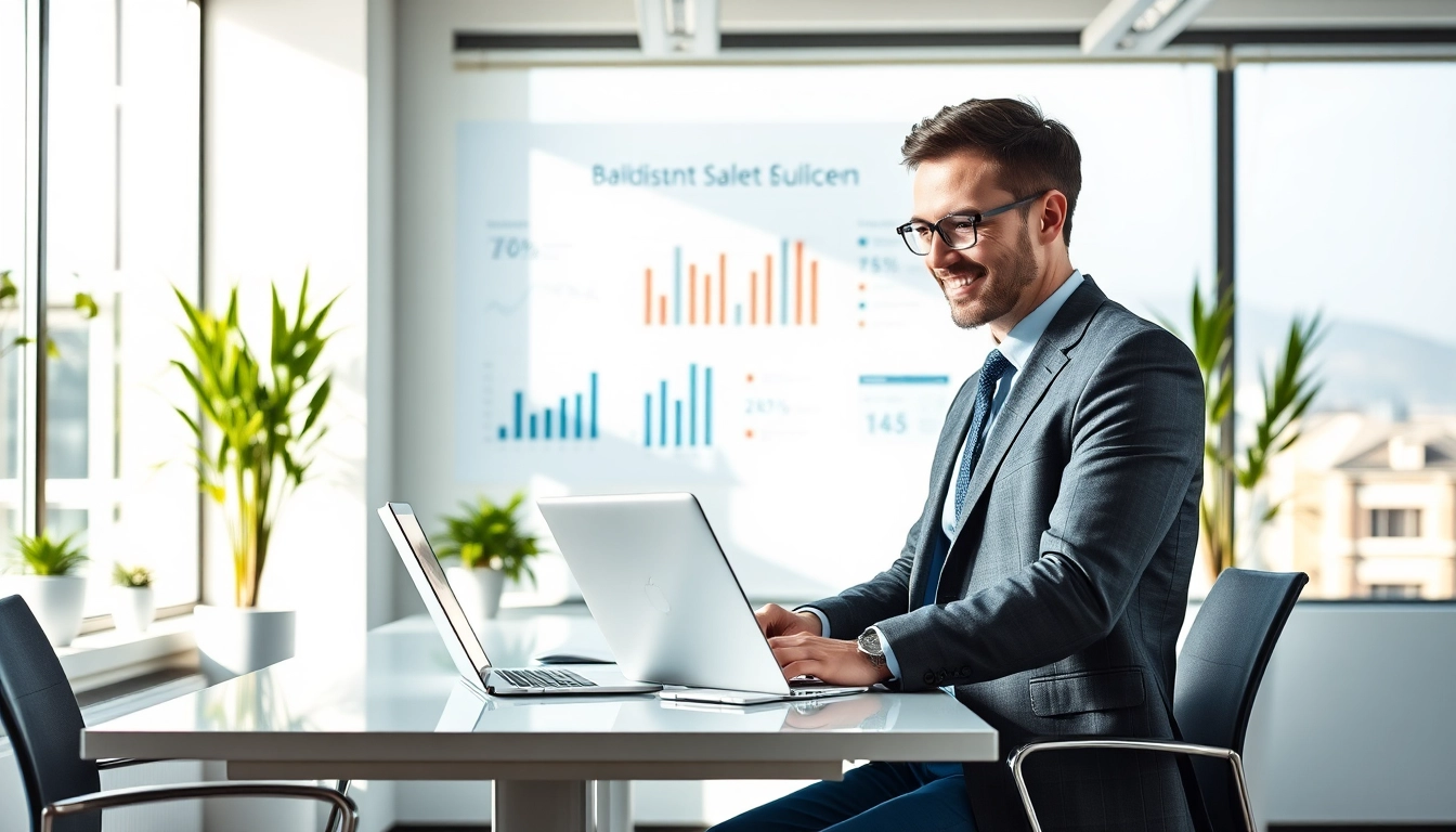 Erfolgreicher Headhunter Sales, der in einem modernen Büro arbeitet und auf Verkaufsstatistiken schaut.