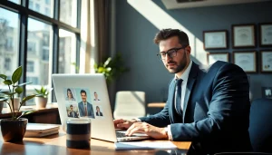 Headhunter in a modern office setting using technology to connect with candidates.