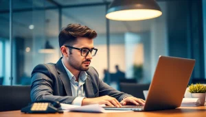 Headhunter Essen analysiert Bewerbungen mit einem Laptop in einem modernen Büro.