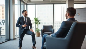 Headhunter Finance führt ein Gespräch mit einem Kandidaten in einem eleganten Büro.