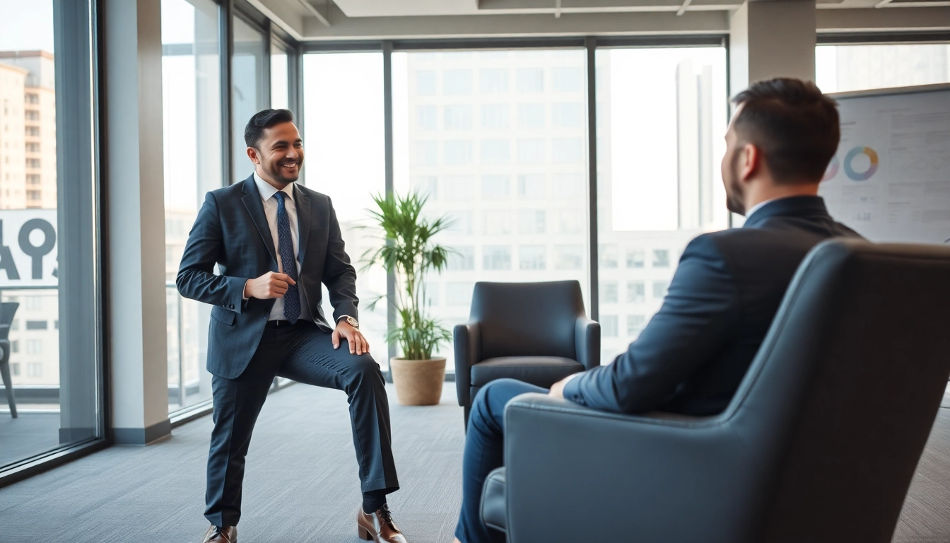 Headhunter Finance führt ein Gespräch mit einem Kandidaten in einem eleganten Büro.