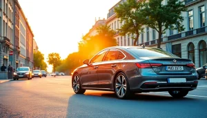 Ein Auto in München mit selbstheilender Folie, die Kratzer und Beschädigungen ausgleicht und dabei in der Abendsonne glänzt.