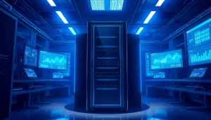 Microsoft Windows Server 2025 kaufen: Dynamic server room showcasing high-tech hardware with glowing monitors.