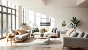 Stilvolle Raumgestaltung in einem modernen, hellen Wohnraum mit eleganten Möbeln und natürlichen Lichtverhältnissen.