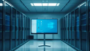 Visualisiere Windows Server 2025 mit Container Support in einem modernen Serverraum mit professioneller Technologie.