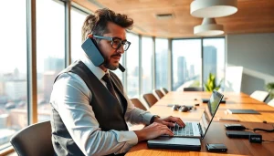 Headhunter IT berät am Telefon in einem modernen Büro, um IT-Positionen zu besetzen.