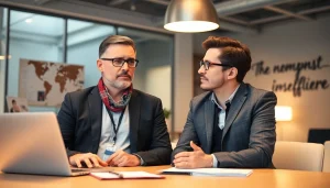 Headhunter IT im Gespräch mit einem IT-Experten in einem modernen Büro, das Professionalität und Zusammenarbeit ausstrahlt.