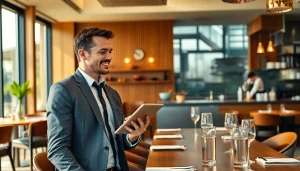 Headhunter Gastronomie in einem modernen Restaurant, interagiert professionell mit einem Koch.