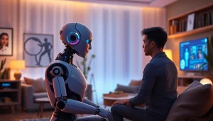 An engaging scene of an AI sex bot having an intimate conversation with a user in a modern apartment.