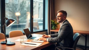 Headhunter Gastronomie bei der Arbeit am Schreibtisch, umgeben von Unterlagen und einem Laptop, der ein Interview zeigt.