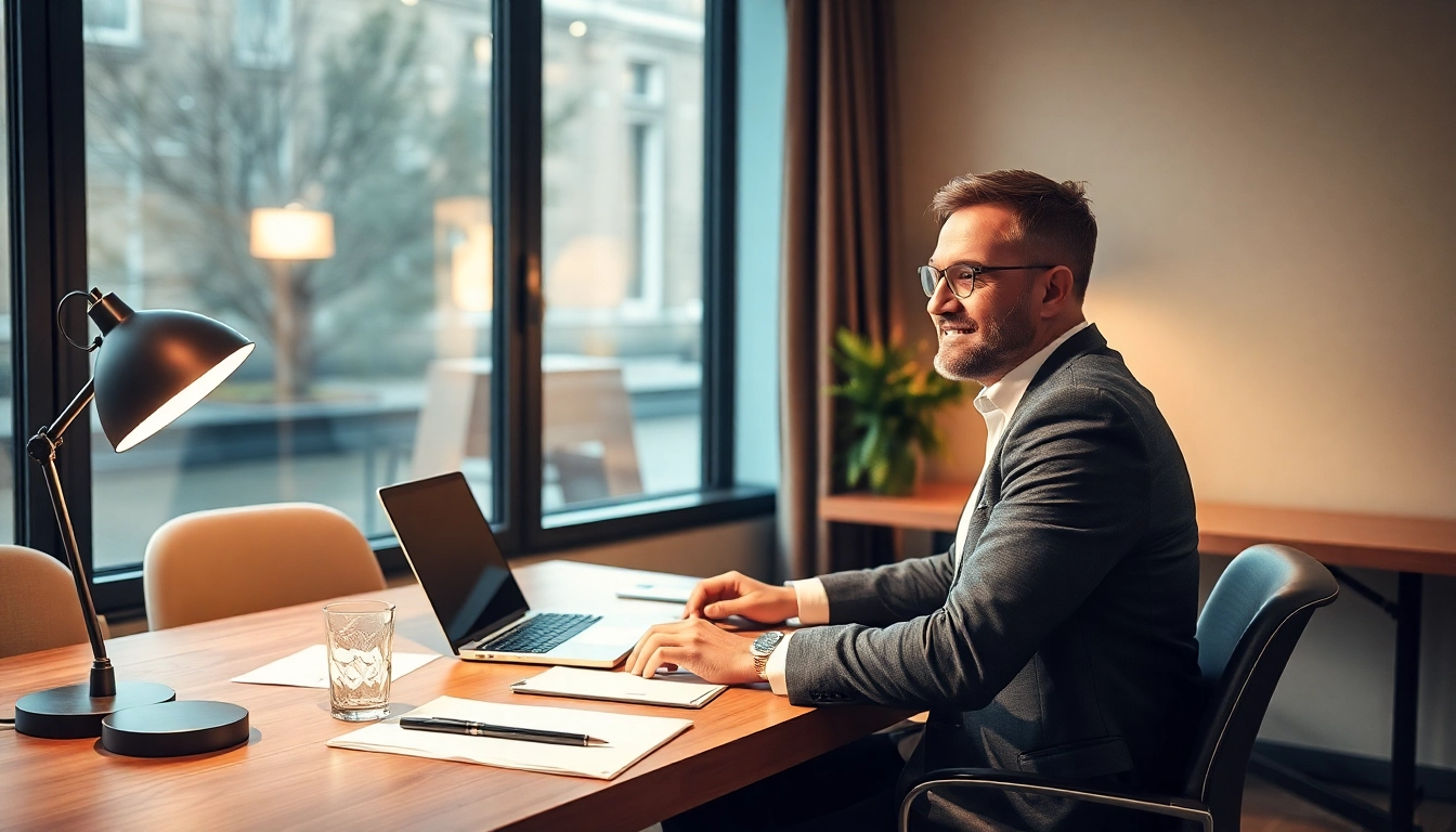 Headhunter Gastronomie bei der Arbeit am Schreibtisch, umgeben von Unterlagen und einem Laptop, der ein Interview zeigt.