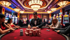 Players enjoying a thrilling poker game at QQ88 casino, showcasing excitement and skill.
