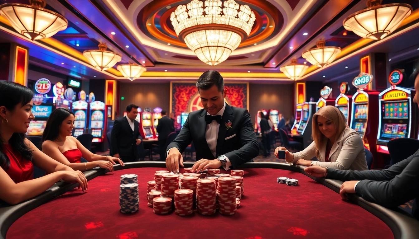 Players enjoying a thrilling poker game at QQ88 casino, showcasing excitement and skill.