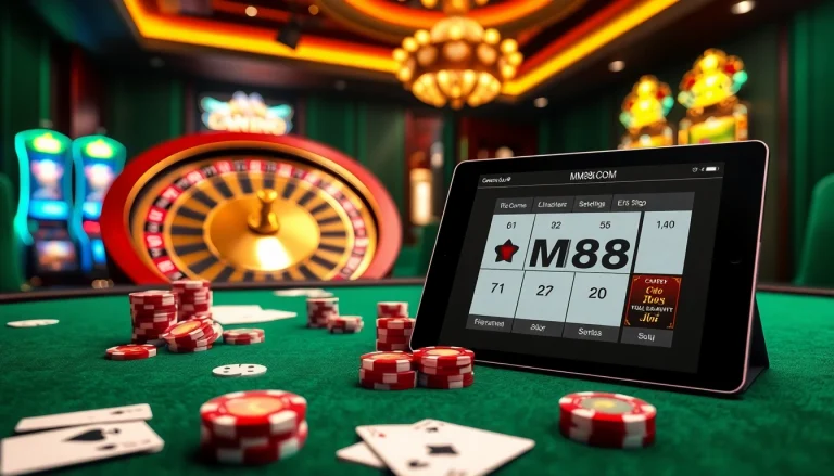 Experience the thrill of gameplay at MM88.COM with vibrant casino elements like poker chips and cards.