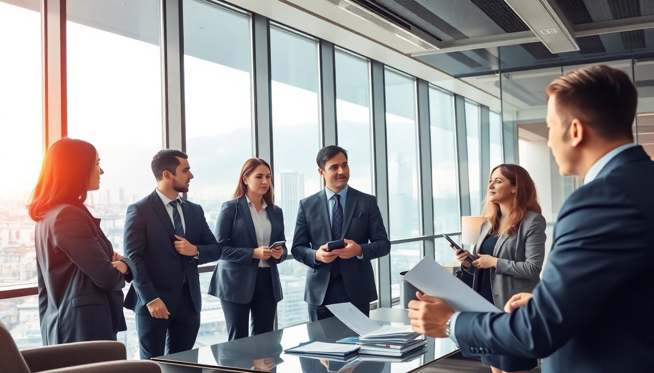 Headhunter Schweiz bespricht Strategien mit Klienten in modernem Büro.