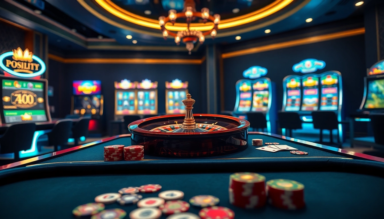 Experience the thrill of Nhà cái Luck8 with an inviting casino scene featuring vibrant gaming tables and roulette.