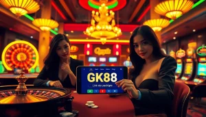 Experience the thrill of gambling with Link vào GK88, capturing high-stakes action at a luxurious casino.