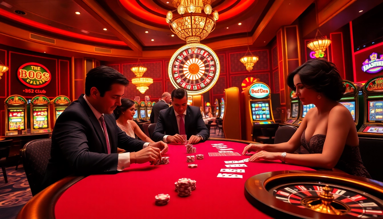 B52 club players engaged in thrilling poker games with vibrant chips and rich casino ambience.