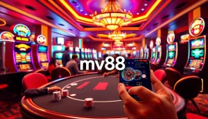 Players engaging with mv88 at a vibrant casino table amid exciting slot machines and roulette wheels.