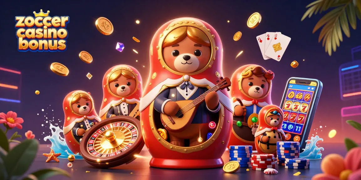 Erleben Sie den Zoccer Casino Bonus in dieser fantastischen 3D-Illustration mit Casino-Charakteren.