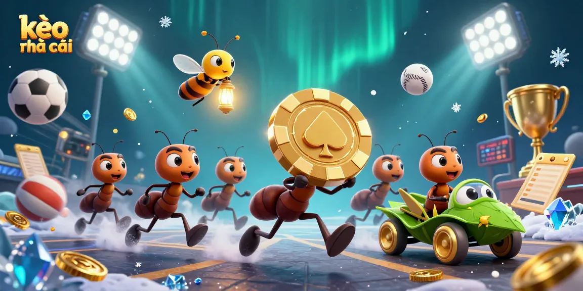 Betting strategy with kèo nhà cái featured as ants steal a giant poker chip, showcasing dynamic sports elements.