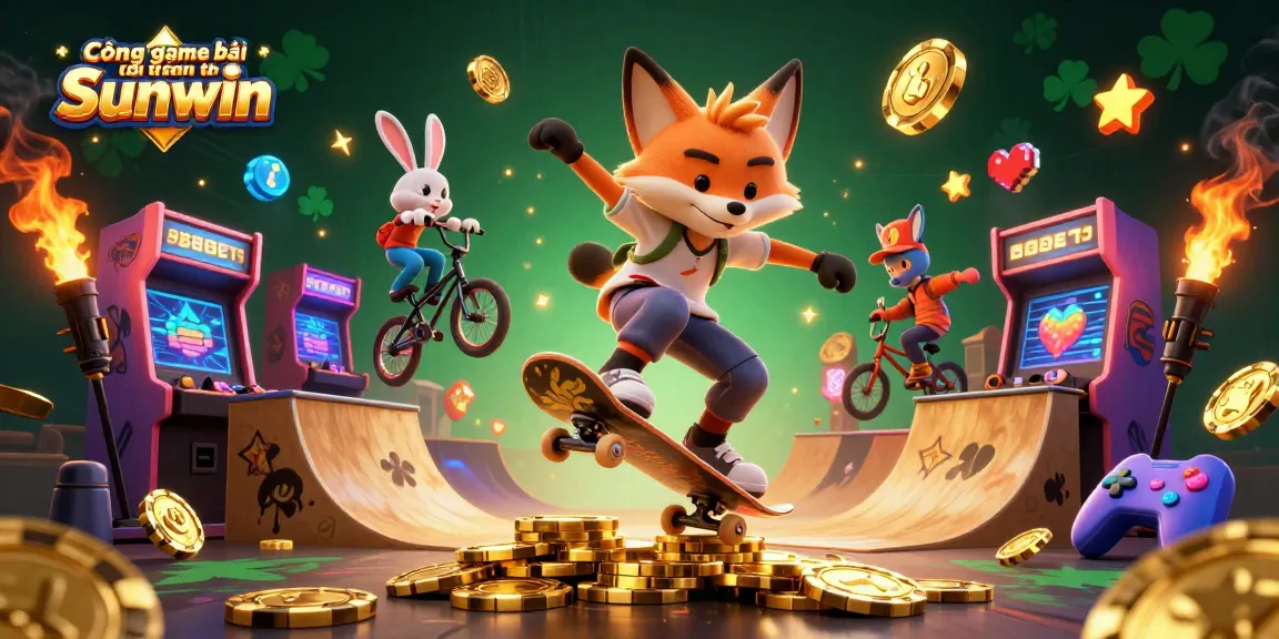 Cổng game bài đổi thưởng Sunwin showcases vibrant 3D characters in an engaging casino-themed scene filled with glowing games and poker chips.