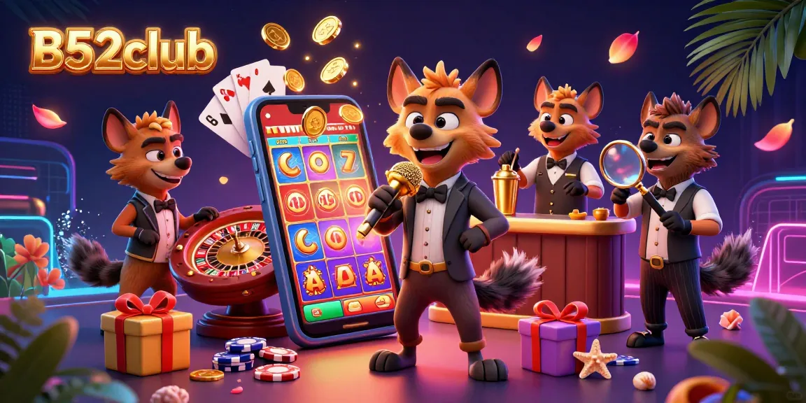 Hyenas entertain in a vibrant B52club casino scene, showcasing comedy, bartending, and ID checks.