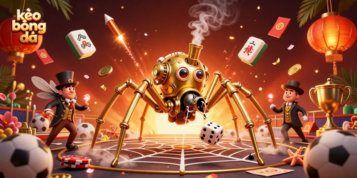 Bet on kèo bóng đá with stunning visuals of a steampunk spider and sports betting elements.