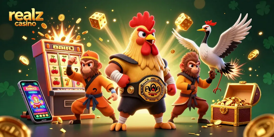 Experience exciting gaming at realz casino with dynamic characters and thrilling elements in 3D illustration.
