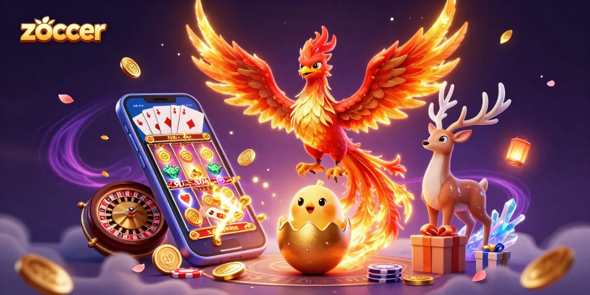 Zoccer casino scene illustrating a phoenix soaring with gaming elements like slots and poker cards