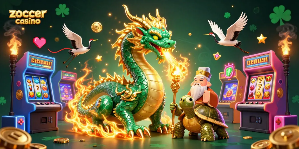 Zoccer casino captures thrilling gameplay with jade dragon, turtles, and lucky cranes amidst vibrant arcade machines.