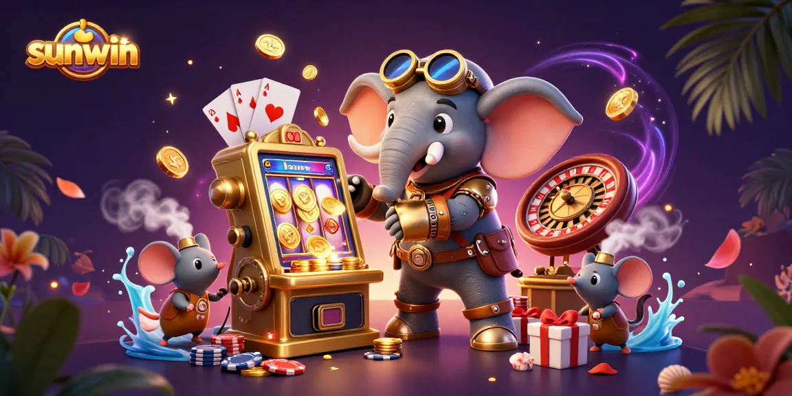 Experience the thrill of winning at Sunwin with a steampunk elephant operating a golden slot machine amidst vibrant casino elements.