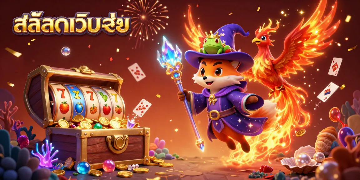 Engage with สล็อตเว็บตรง in this vibrant scene showcasing a wizard fox, phoenix, and festive casino elements.