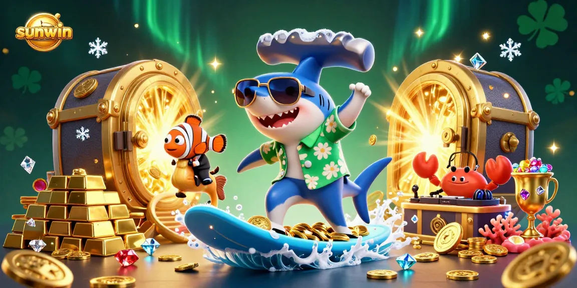Win big with sunwin while a shark surfs golden coins in an exciting casino world.