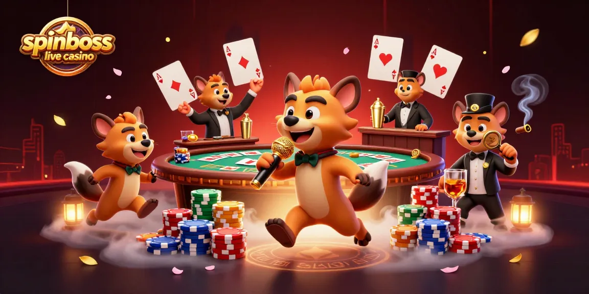 SpinBoss Live-Casino: Spaßige Hyänen im Casino mit Pokertisch und bunten Chips