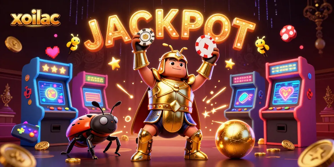 Experience the excitement of xoilac with a victorious beetle in golden armor lifting a poker chip against a vibrant casino backdrop.