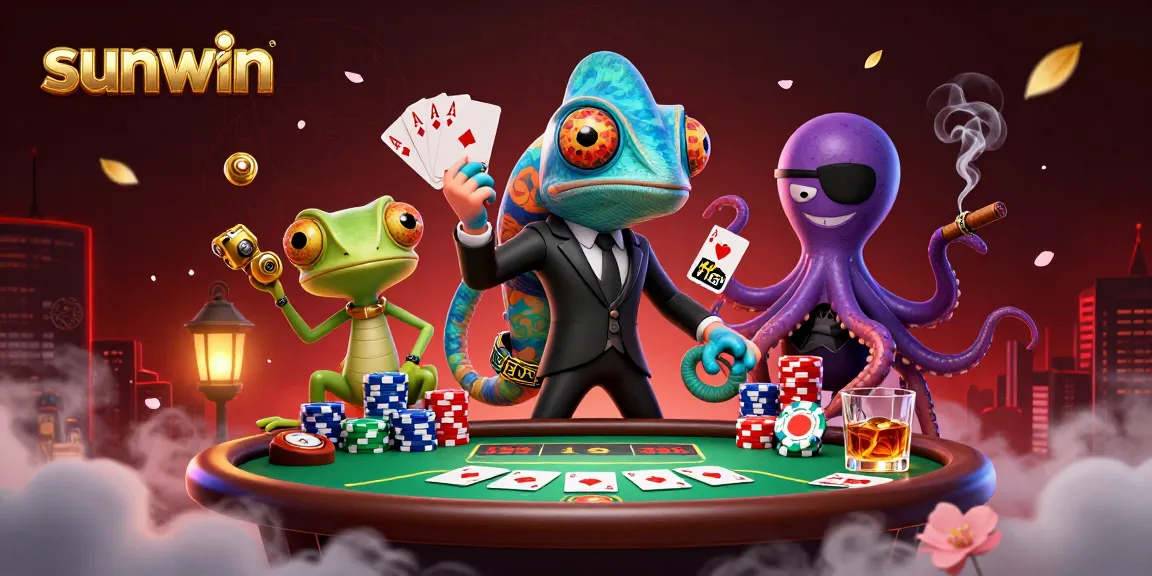 Engage with sunwin's thrilling poker adventure featuring vibrant characters and rich casino elements.