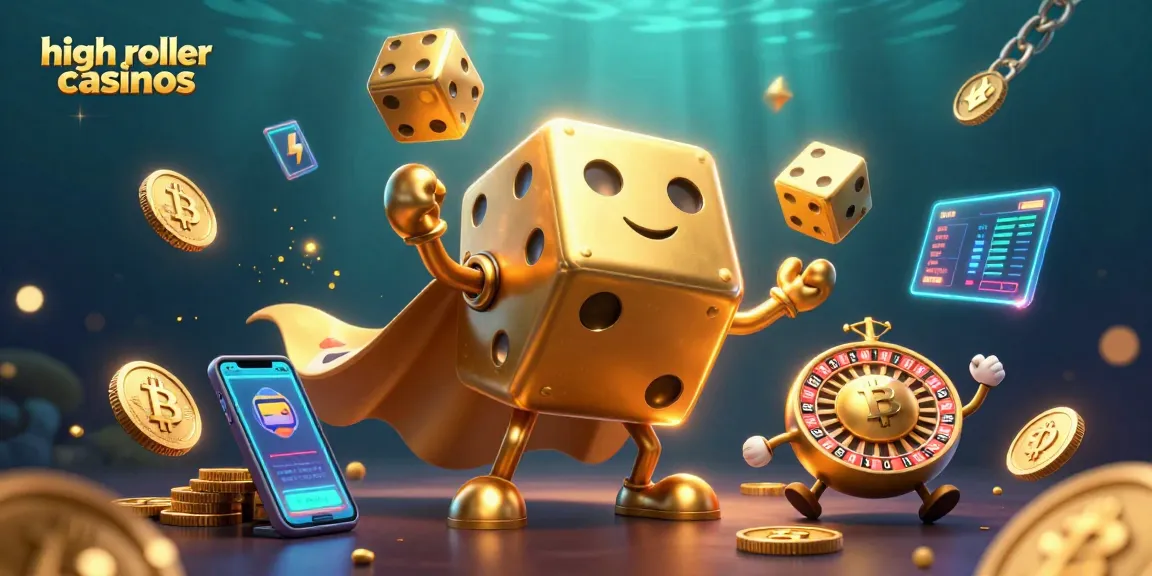 Win big at high roller casinos with vibrant 3D illustrations of golden dice and crypto elements.